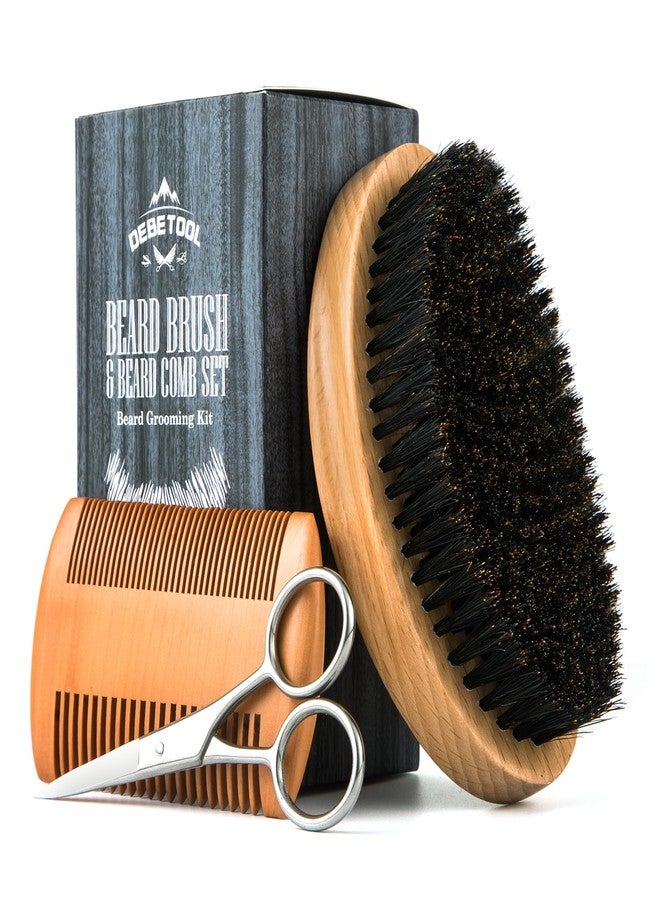 DEBETOOL Boar Bristle Beard Brush for Men - Wooden Beard Brush and Comb Set with Beard Scissors, Pocket Travel Men's Wooden Mustache Brush for Beard Care - Image 1